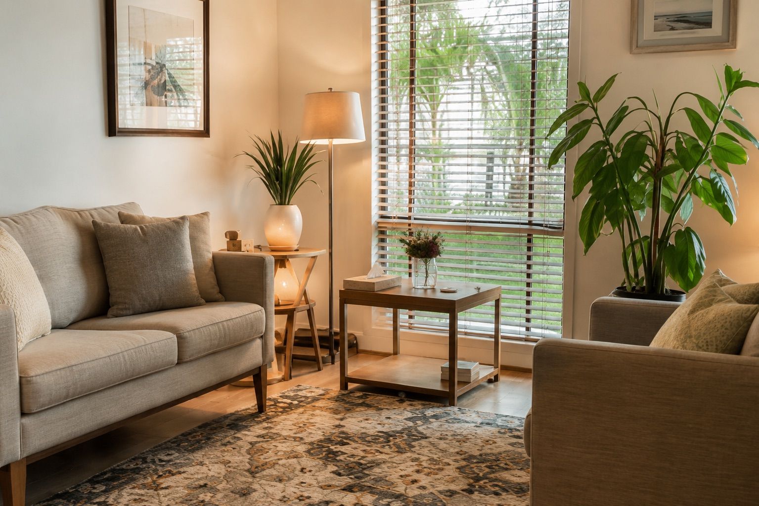 Calm, welcoming counselling room at Margaret River Clinical Psychology with soft lighting and comfortable seating
